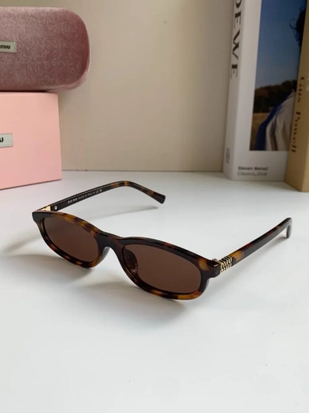 MIU MIU Tortoise Shell Oval Sunglasses Brown Lens Gold Logo - Picture 3 of 8